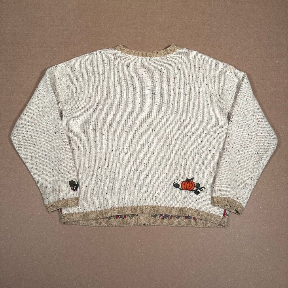 Vintage Autumn Harvest Patchwork Knit Zip Sweater Pumpkin Bird Cottagecore - Picture 3 of 8